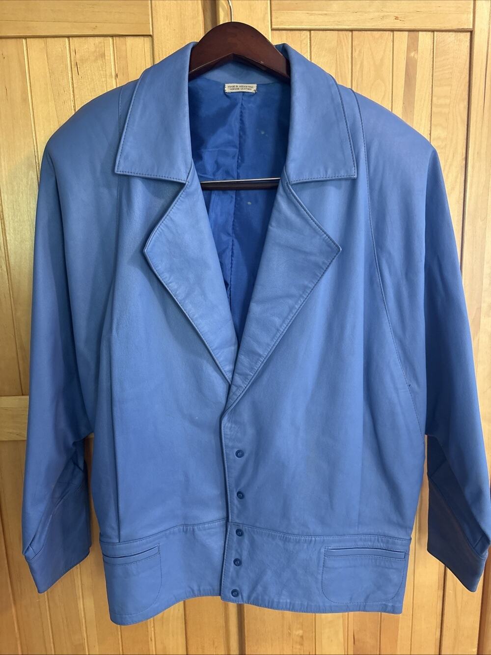 VTG 80s Blue Leather Jacket Made in Argentina Batwing Dropped Shoulder Size 48 M